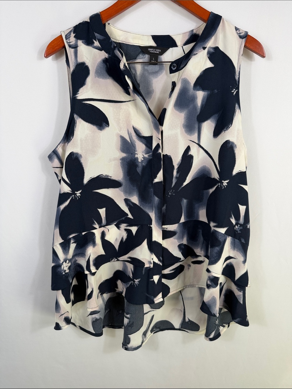 Simply Vera Vera Wang Navy White Tiered Floral Ruffle Sleeveless Blouse Size L